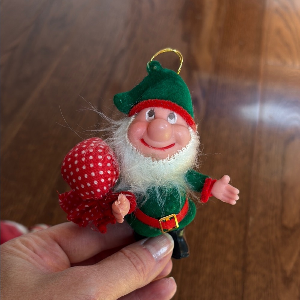 Vintage flocked elf. Dwarf. Christmas ornament.